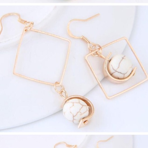 Turquoise Ball Inlaid Dangling Square Earrings - Picture 5 of 5